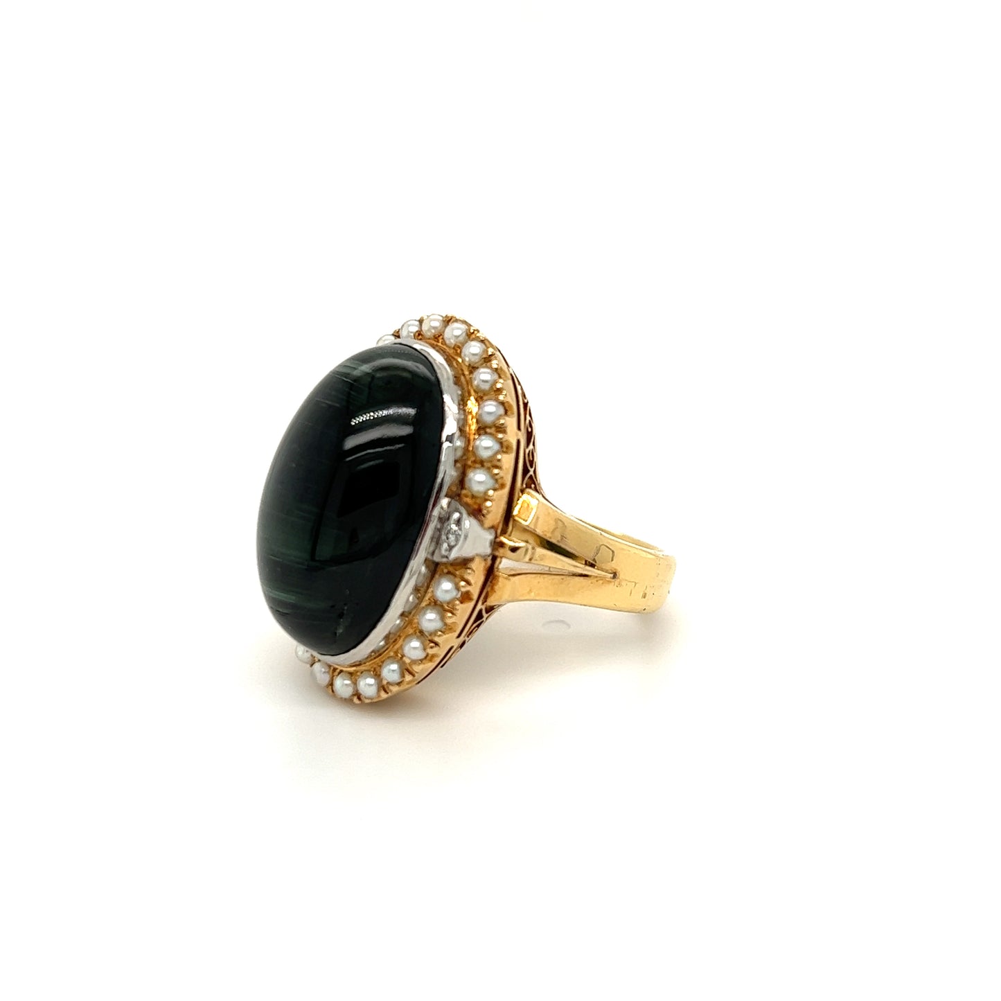 K18 Artisian Catseye Tourmaline Pearl Deatiled Ring